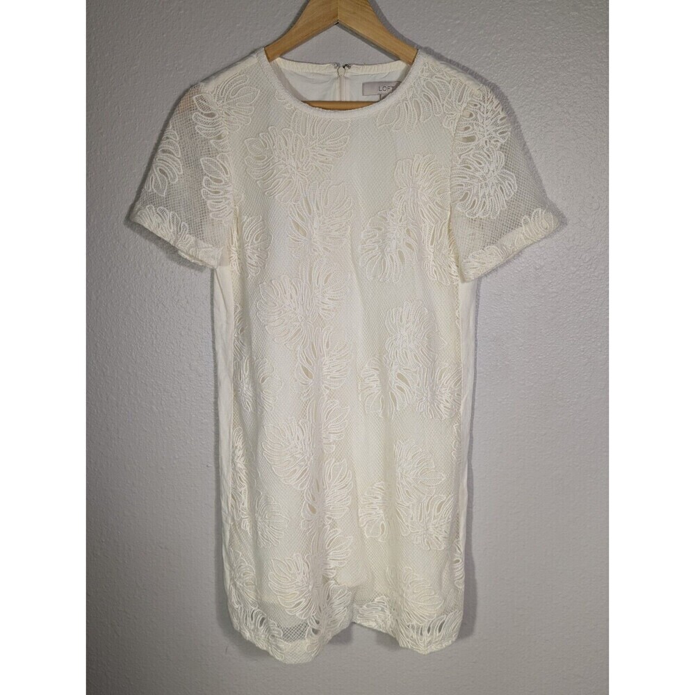 Ann Taylor Loft Ivory Palm Leaf Tropical Floral Crochet Shift Dress Size S N94